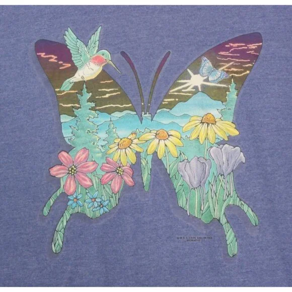 Vintage 90s Nature Butterfly Hummingbird Blue Men's T-Shirt 1999 Tee size L /056 - Picture 2 of 4